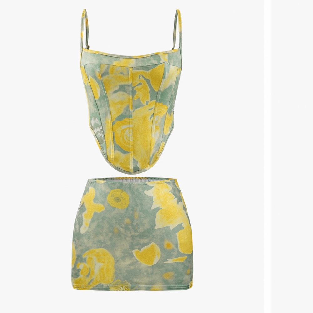 Yellow and Green Printed Corset Cami Top and Mini Skirt Set